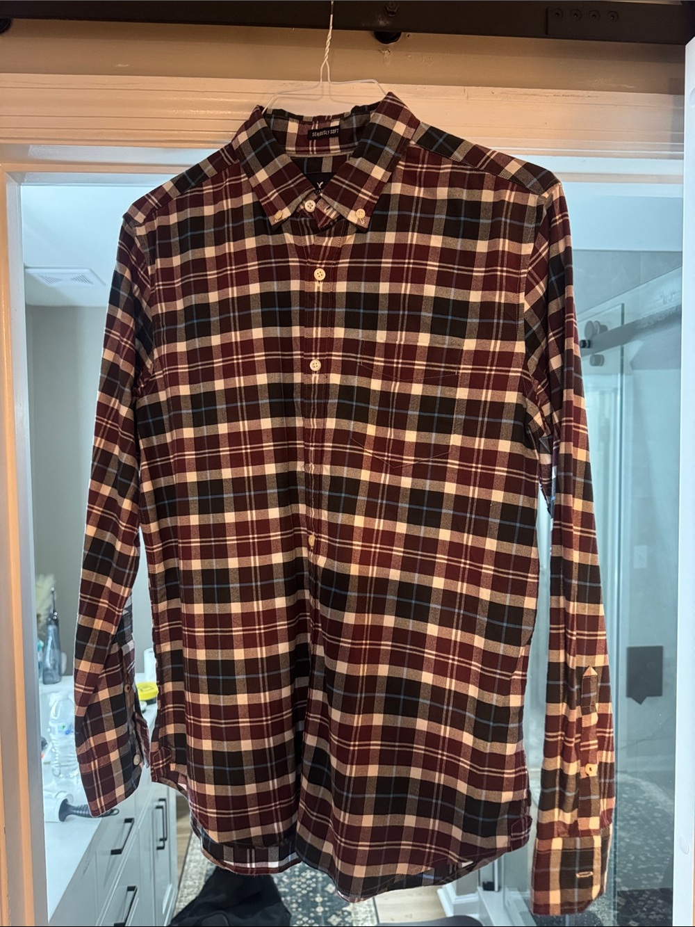 American Eagle Outfitters Burgundy and Navy Plaid Button-Down Shirt